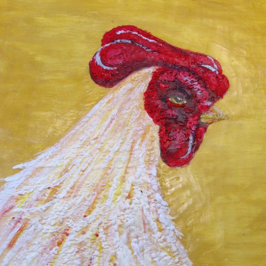 encaustic painting white and red rooster